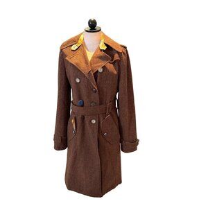 Trovata Womens Size Large Brown Wool Blend Herringbone Tweed Trench Coat Classic